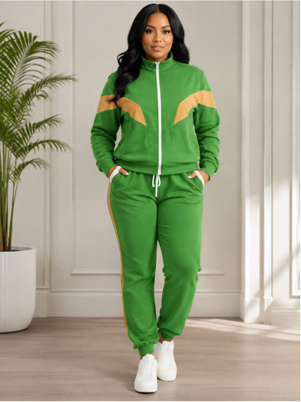 New 2-Piece Green & Tan Contrast Stripe Fleece Jogger Set – Size XXXL